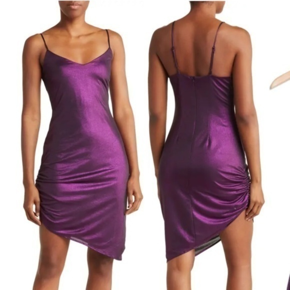 Ronny Kobo Torn NWT Mila Asymmetrical Ruched Metallic Purple mini Slip Dress S